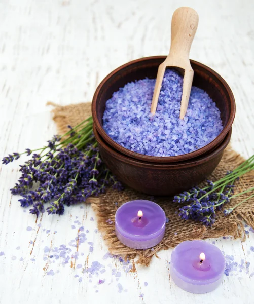 Lavender, sea salt and candle Stock Photo