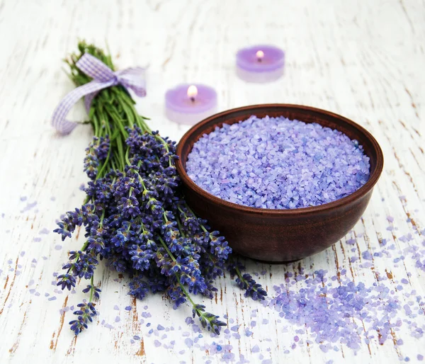 Lavender, sea salt and candle Stock Photo