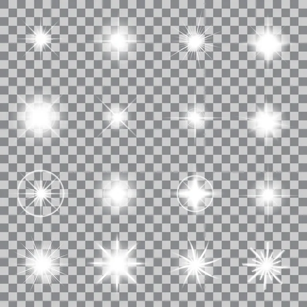 Concepto creativo Conjunto vectorial de estrellas con efecto de luz brillante estalla con destellos aislados en el fondo . — Archivo Imágenes Vectoriales