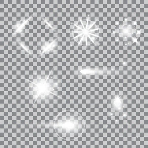 Творча концепція Векторний набір сяючих світлових ефектів зірки спалахи з блискітками ізольовані на фоні . — стоковий вектор