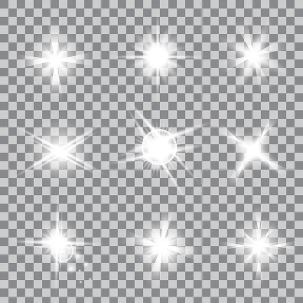 Concepto creativo Conjunto vectorial de estrellas con efecto de luz brillante estalla con destellos aislados en el fondo . — Archivo Imágenes Vectoriales