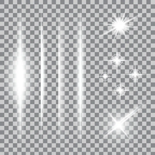 Творча концепція Векторний набір сяючих світлових ефектів зірки спалахи з блискітками ізольовані на фоні . — стоковий вектор
