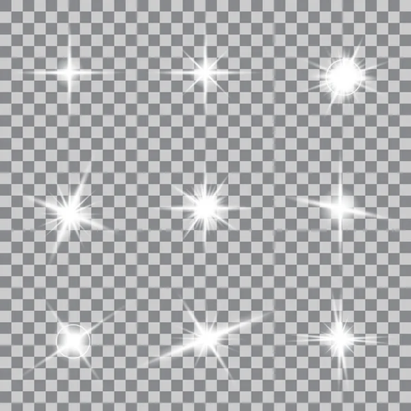 Concepto creativo Conjunto vectorial de estrellas con efecto de luz brillante estalla con destellos aislados en el fondo . — Archivo Imágenes Vectoriales