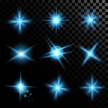 Parlak ışık efektlerinden oluşan yaratıcı konsept vektör kümesi siyah arkaplanda izole edilmiş kıvılcımlarla parlar..