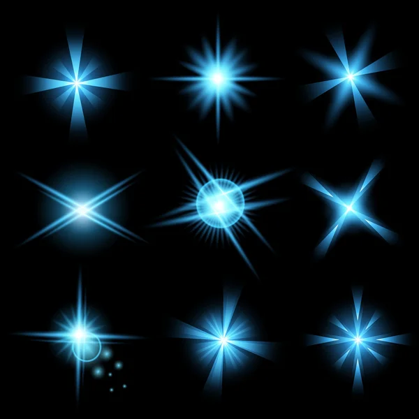 Concetto creativo Set vettoriale di stelle effetto luce bagliore esplode con scintille isolate su sfondo nero . — Vettoriale Stock