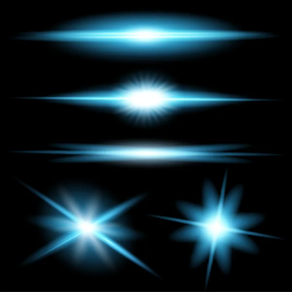 Concepto creativo Conjunto vectorial de estrellas con efecto de luz brillante estalla con destellos aislados sobre fondo negro . — Archivo Imágenes Vectoriales