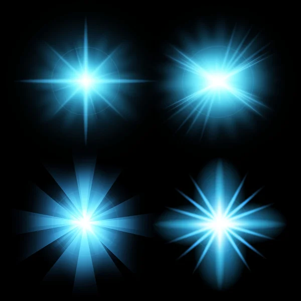 Concepto creativo Conjunto vectorial de estrellas con efecto de luz brillante estalla con destellos aislados sobre fondo negro . — Archivo Imágenes Vectoriales