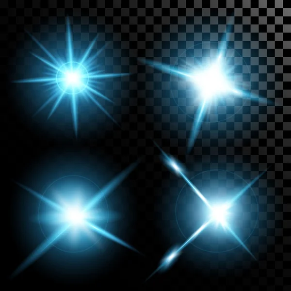Творча концепція Векторний набір сяючих світлових ефектів зірки спалахи з блискітками ізольовані на чорному фоні . — стоковий вектор