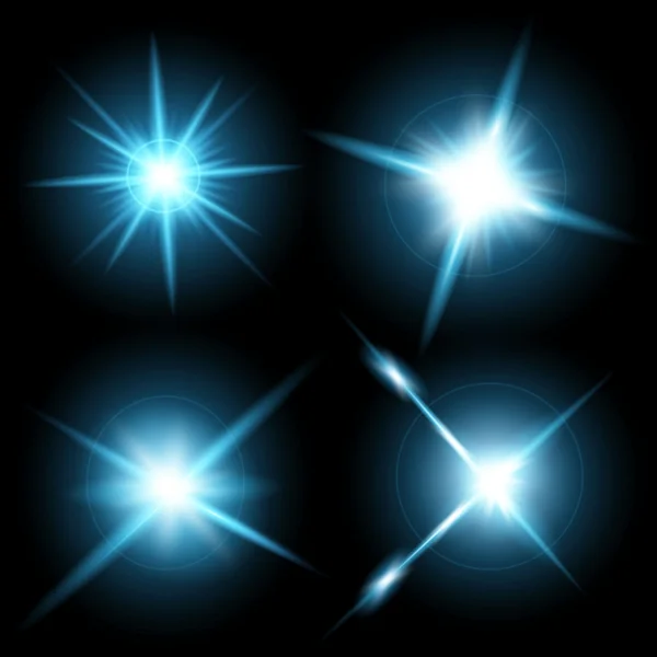 Concepto creativo Conjunto vectorial de estrellas con efecto de luz brillante estalla con destellos aislados sobre fondo negro . — Archivo Imágenes Vectoriales