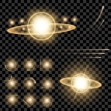 Parlak ışık efektlerinden oluşan yaratıcı konsept vektör kümesi siyah arkaplanda izole edilmiş kıvılcımlarla parlar..