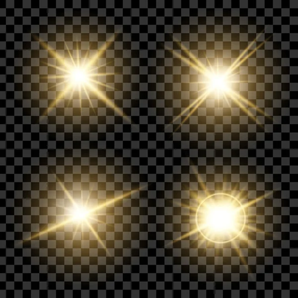 Concepto creativo Conjunto vectorial de estrellas con efecto de luz brillante estalla con destellos aislados sobre fondo negro . — Archivo Imágenes Vectoriales