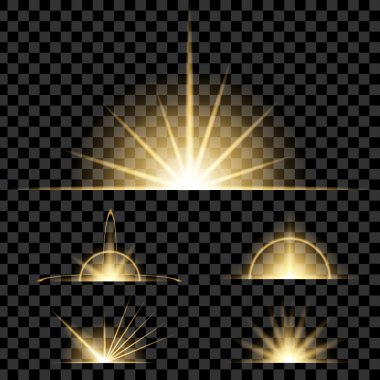 Parlak ışık efektlerinden oluşan yaratıcı konsept vektör kümesi siyah arkaplanda izole edilmiş kıvılcımlarla parlar..