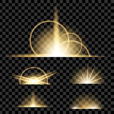 Parlak ışık efektlerinden oluşan yaratıcı konsept vektör kümesi siyah arkaplanda izole edilmiş kıvılcımlarla parlar..