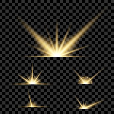 Parlak ışık efektlerinden oluşan yaratıcı konsept vektör kümesi siyah arkaplanda izole edilmiş kıvılcımlarla parlar..