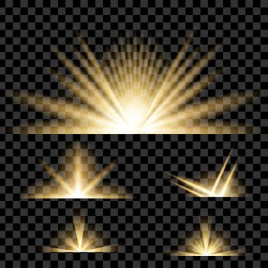 Parlak ışık efektlerinden oluşan yaratıcı konsept vektör kümesi siyah arkaplanda izole edilmiş kıvılcımlarla parlar..