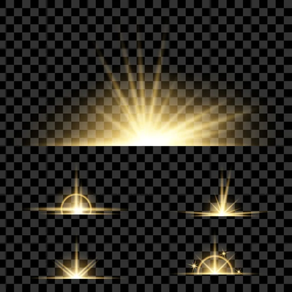 Concepto creativo Conjunto vectorial de estrellas con efecto de luz brillante estalla con destellos aislados sobre fondo negro . — Vector de stock