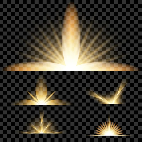 Concepto creativo Conjunto vectorial de estrellas con efecto de luz brillante estalla con destellos aislados sobre fondo negro . — Vector de stock