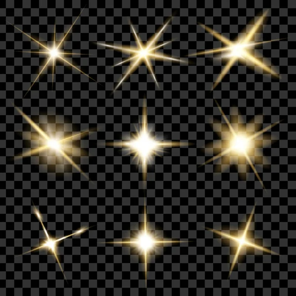 Concepto creativo Conjunto vectorial de estrellas con efecto de luz brillante estalla con destellos aislados sobre fondo negro . — Archivo Imágenes Vectoriales