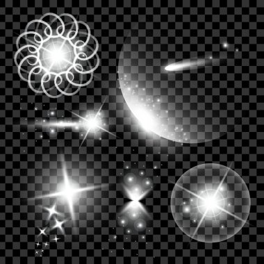 Parlak ışık efektlerinden oluşan yaratıcı bir konsept vektör kümesi siyah arka planda izole edilmiş kıvılcımlarla parlar. Resim tasarımı için, Noel kutlaması için pankart, sihirli ışık ışını