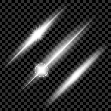 Parlak ışık efektlerinden oluşan yaratıcı bir konsept vektör kümesi siyah arka planda izole edilmiş kıvılcımlarla parlar. Resim tasarımı için, Noel kutlaması için pankart, sihirli ışık ışını