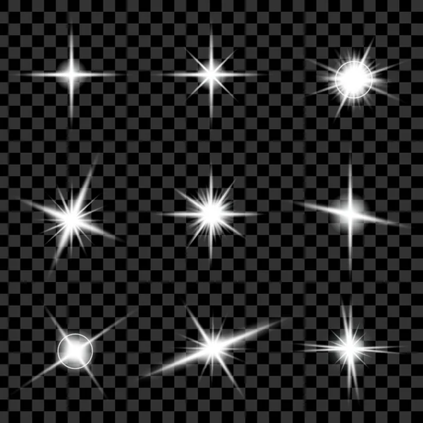 Conceito criativo Conjunto vetorial de estrelas de efeito de luz brilhante explode com faíscas isoladas em fundo preto. Para ilustração modelo arte design, banner para o Natal comemorar, raio de energia flash mágico — Vetor de Stock