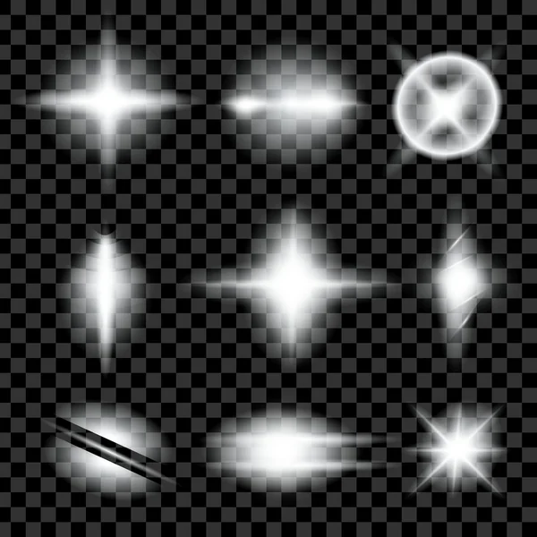 Concepto creativo Conjunto vectorial de estrellas con efecto de luz brillante estalla con destellos aislados sobre fondo negro. Para el diseño de arte de la plantilla de ilustración, banner para celebrar la Navidad, rayo mágico de energía flash — Archivo Imágenes Vectoriales