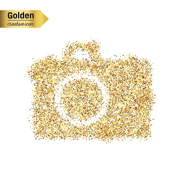 Gouden glitter vector icoon van fotocamera geïsoleerd op de achtergrond. Kunst creatief concept illustratie voor het web, gloeien lichte confetti, heldere pailletten, sparkle klatergoud, abstracte bling, shimmer stof, folie. — Stockvector