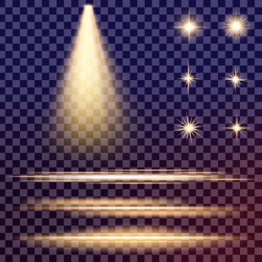 Parlak ışık efektlerinden oluşan yaratıcı bir konsept vektör kümesi siyah arka planda izole edilmiş kıvılcımlarla parlar. Resim tasarımı için, Noel kutlaması için pankart, sihirli ışık ışını