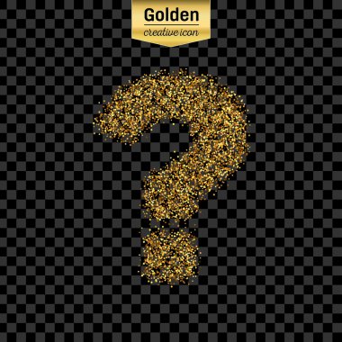Gold glitter vector icon of question mark isolated on background. Art creative concept illustration for web, glow light confetti, bright sequins, sparkle tinsel, abstract bling, shimmer dust, foil clipart