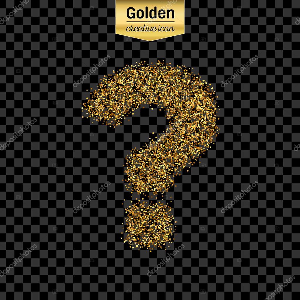 Gold glitter vector icon of question mark isolated on background. Art creative concept illustration for web, glow light confetti, bright sequins, sparkle tinsel, abstract bling, shimmer dust, foil.
