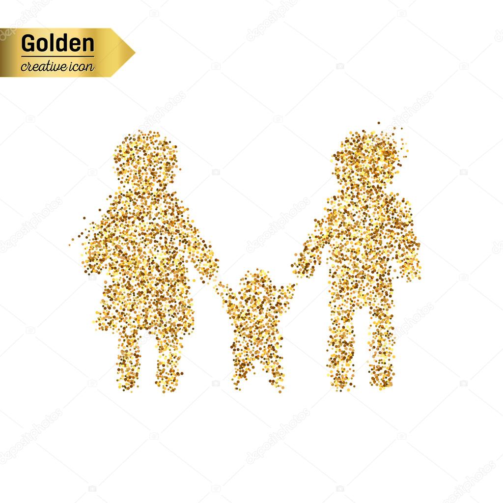 Gold glitter vector icon of family isolated on background. Art creative concept illustration for web, glow light confetti, bright sequins, sparkle tinsel, abstract bling, shimmer dust, foil.