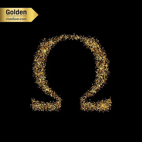 Gouden glitter vector icoon van omega geïsoleerd op de achtergrond. Kunst creatief concept illustratie voor het web, gloeien lichte confetti, heldere pailletten, sparkle klatergoud, abstracte bling, shimmer stof, folie. — Stockvector
