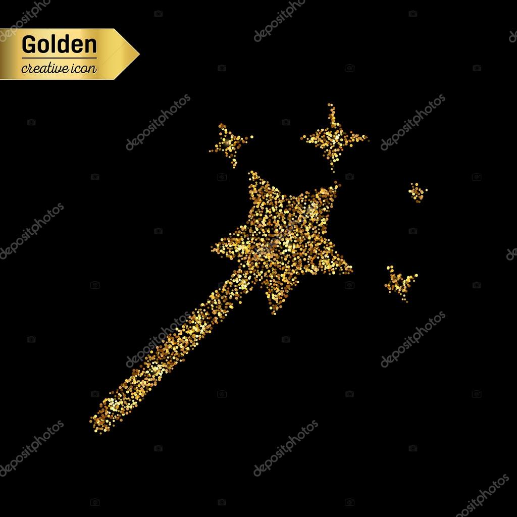 Gold glitter vector icon of magic wand isolated on background. Art creative concept illustration for web, glow light confetti, bright sequins, sparkle tinsel, abstract bling, shimmer dust, foil.