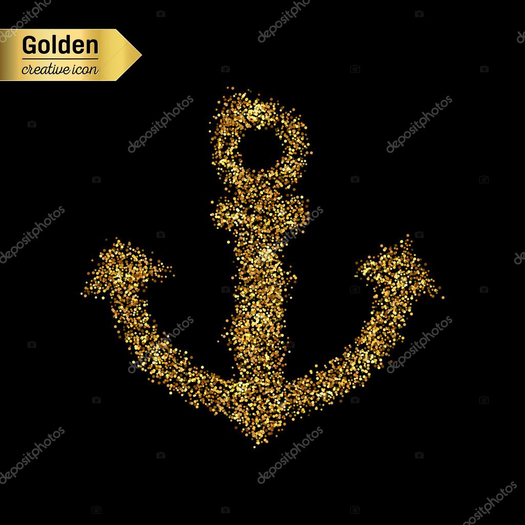Gold glitter vector icon of anchor isolated on background. Art creative concept illustration for web, glow light confetti, bright sequins, sparkle tinsel, abstract bling, shimmer dust, foil.