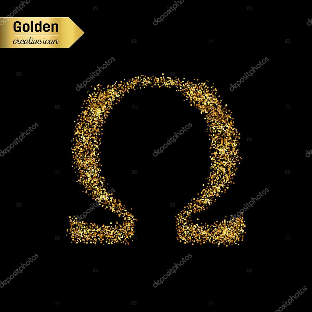 Gold glitter vector icon of omega isolated on background. Art creative concept illustration for web, glow light confetti, bright sequins, sparkle tinsel, abstract bling, shimmer dust, foil.