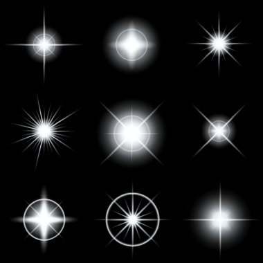 Parlak ışık efektlerinden oluşan yaratıcı bir konsept vektör kümesi siyah arka planda izole edilmiş kıvılcımlarla parlar. Resim tasarımı için, Noel kutlaması için pankart, sihirli ışık ışını.