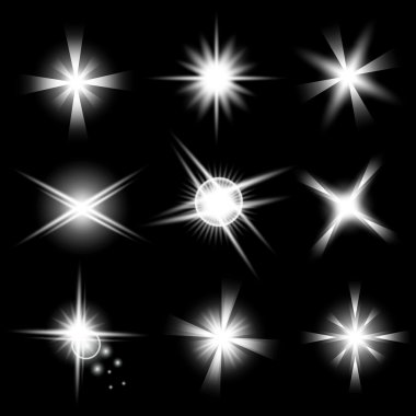 Parlak ışık efektlerinden oluşan yaratıcı bir konsept vektör kümesi siyah arka planda izole edilmiş kıvılcımlarla parlar. Resim tasarımı için, Noel kutlaması için pankart, sihirli ışık ışını.