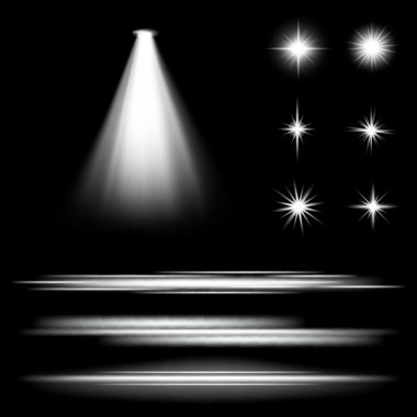 Parlak ışık efektlerinden oluşan yaratıcı bir konsept vektör kümesi siyah arka planda izole edilmiş kıvılcımlarla parlar. Resim tasarımı için, Noel kutlaması için pankart, sihirli ışık ışını.