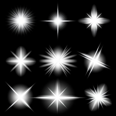 Parlak ışık efektlerinden oluşan yaratıcı bir konsept vektör kümesi siyah arka planda izole edilmiş kıvılcımlarla parlar. Resim tasarımı için, Noel kutlaması için pankart, sihirli ışık ışını.