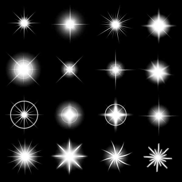 Konsep kreatif Vektor set bintang efek cahaya menyala semburan dengan berkilau terisolasi pada latar belakang hitam. Untuk desain seni templat ilustrasi, spanduk untuk merayakan Natal, sinar energi kilat ajaib. - Stok Vektor