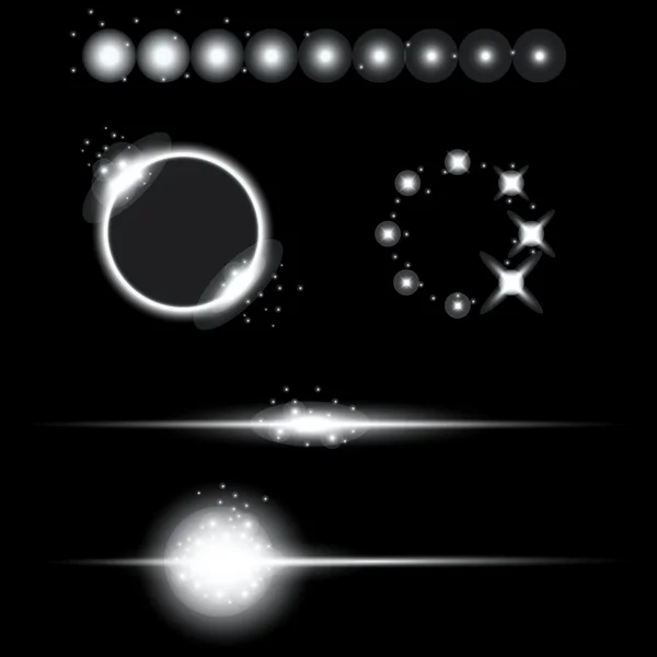 Concept créatif Ensemble vectoriel d'étoiles à effet de lumière brillante éclate avec des étincelles isolées sur fond noir. Pour la conception d'art de modèle d'illustration, bannière pour Noël célèbrent, rayon d'énergie flash magique. — Image vectorielle