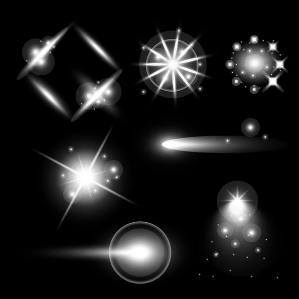 创意概念矢量集的辉光效应恒星爆裂与火花隔离在黑色背景。图例模板艺术设计，圣诞庆祝横幅，魔法闪光能量射线. — 图库矢量图片