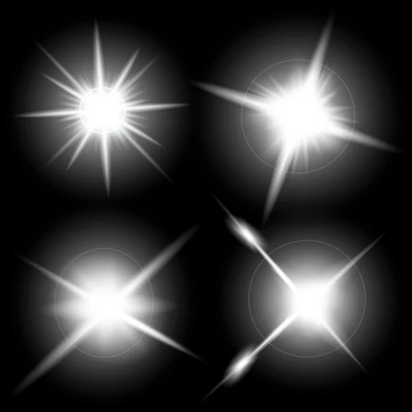 Concepto creativo Conjunto vectorial de estrellas con efecto de luz brillante estalla con destellos aislados sobre fondo negro. Para el diseño de arte de la plantilla de ilustración, banner para celebrar la Navidad, rayo mágico de energía flash. — Vector de stock