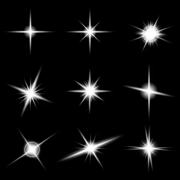 Conceito criativo Conjunto vetorial de estrelas de efeito de luz brilhante explode com faíscas isoladas em fundo preto. Para ilustração modelo arte design, banner para o Natal comemorar, raio de energia flash mágico. —  Vetores de Stock