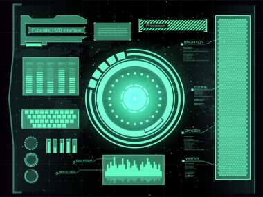 Soyut gelecek, konsept vektör fütüristik mavi sanal grafik dokunmatik arayüzü HUD. Web, site, mobil uygulamalar için siyah arkaplan, tekno, çevrimiçi tasarım, iş, gui, ui