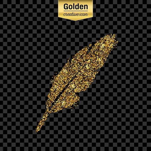 Gouden glitter vector icoon van ganzenveer geïsoleerd op de achtergrond. Kunst creatief concept illustratie voor het web, gloeien lichte confetti, heldere pailletten, sparkle klatergoud, abstracte bling, shimmer stof, folie. — Stockvector