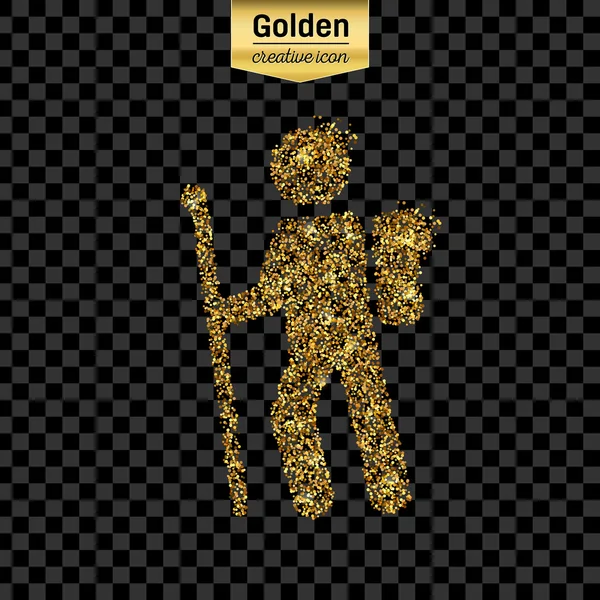 Gold glitter vector icon of hiker isolated on background. Art creative concept illustration for web, glow light confetti, bright sequins, sparkle tinsel, abstract bling, shimmer dust, foil. — Stock Vector