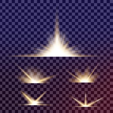 Parlak ışık efektlerinden oluşan yaratıcı bir konsept vektör kümesi siyah arka planda izole edilmiş kıvılcımlarla parlar. Resim tasarımı için, Noel kutlaması için pankart, sihirli ışık ışını