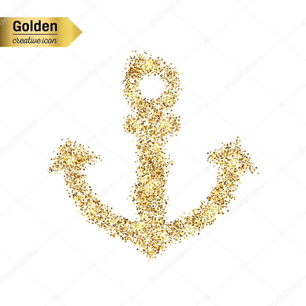 Gold glitter vector icon of anchor isolated on background. Art creative concept illustration for web, glow light confetti, bright sequins, sparkle tinsel, abstract bling, shimmer dust, foil.