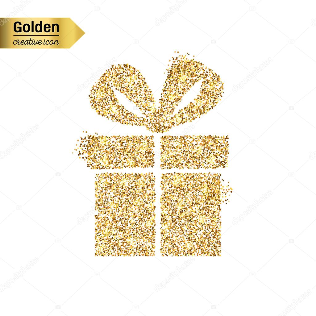 Gold glitter vector icon of gift box isolated on background. Art creative concept illustration for web, glow light confetti, bright sequins, sparkle tinsel, abstract bling, shimmer dust, foil.